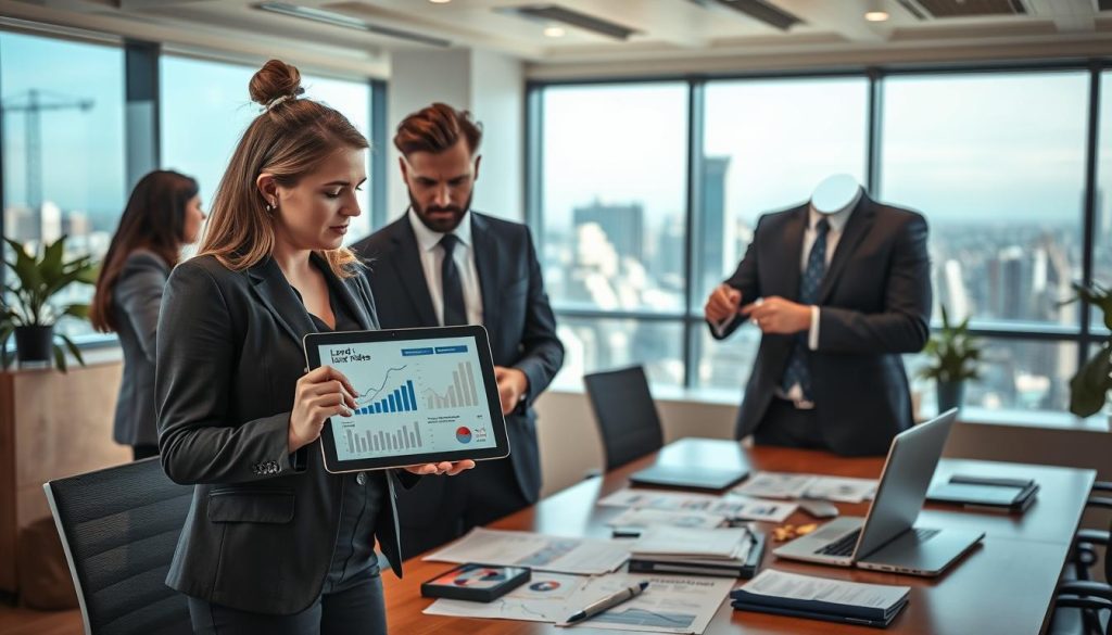 A professional office setting that conveys the financial sector, featuring a diverse group of business professionals engaged in a serious discussion about land loan interest rates. In the foreground, a woman in a smart blazer holds a tablet displaying graphs and charts related to loan rates, looking intently at a male colleague who is pointing to a document on the table. The middle ground showcases a cluttered table with financial reports and a laptop, while the background shows a large window with cityscape views under natural daylight, enhancing the atmosphere of professionalism and urgency. The lighting is bright but soft, creating a warm yet focused mood, ideal for a financial analysis scene. A professional office setting that conveys the financial sector, featuring a diverse group of business professionals engaged in a serious discussion about land loan interest rates. In the foreground, a woman in a smart blazer holds a tablet displaying graphs and charts related to loan rates, looking intently at a male colleague who is pointing to a document on the table. The middle ground showcases a cluttered table with financial reports and a laptop, while the background shows a large window with cityscape views under natural daylight, enhancing the atmosphere of professionalism and urgency. The lighting is bright but soft, creating a warm yet focused mood, ideal for a financial analysis scene.