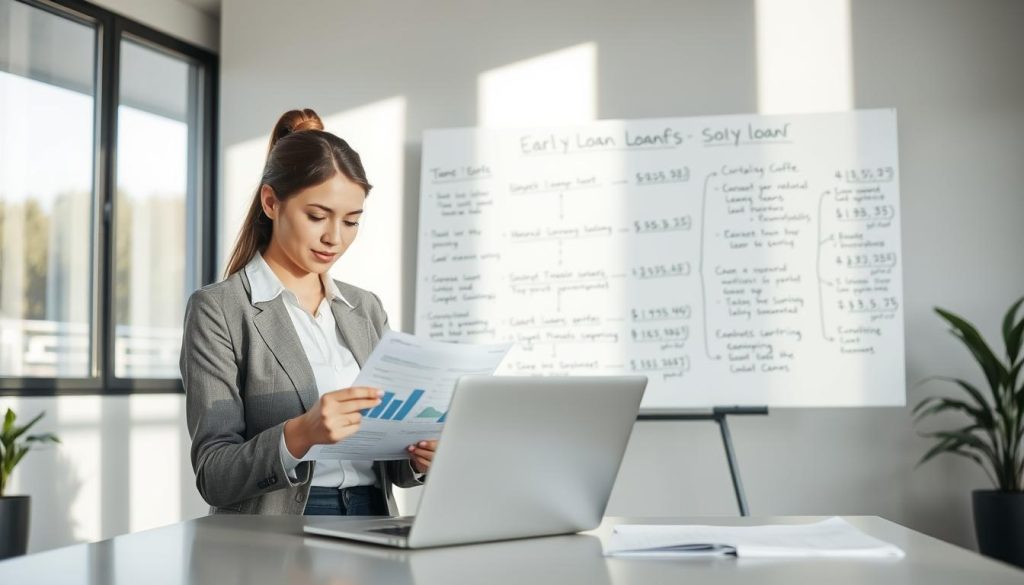 A professional office setting with a balanced and focused atmosphere. In the foreground, a young businesswoman in smart casual attire analyzes financial documents on her laptop, showcasing charts and graphs. She has a thoughtful expression, indicating she's calculating costs associated with early loan repayment. In the middle ground, a large whiteboard displays complex calculations and flowcharts related to loan terms and penalties, illustrating the concept of cost versus benefit. The background features large windows letting in soft, natural light, casting gentle shadows that enhance the professionalism of the scene. The overall mood is analytical and focused, reflecting a serious approach to financial decision-making. The image composition should maintain a clean and organized appearance, inviting readers to consider the complexities of financial planning. A professional office setting with a balanced and focused atmosphere. In the foreground, a young businesswoman in smart casual attire analyzes financial documents on her laptop, showcasing charts and graphs. She has a thoughtful expression, indicating she's calculating costs associated with early loan repayment. In the middle ground, a large whiteboard displays complex calculations and flowcharts related to loan terms and penalties, illustrating the concept of cost versus benefit. The background features large windows letting in soft, natural light, casting gentle shadows that enhance the professionalism of the scene. The overall mood is analytical and focused, reflecting a serious approach to financial decision-making. The image composition should maintain a clean and organized appearance, inviting readers to consider the complexities of financial planning.