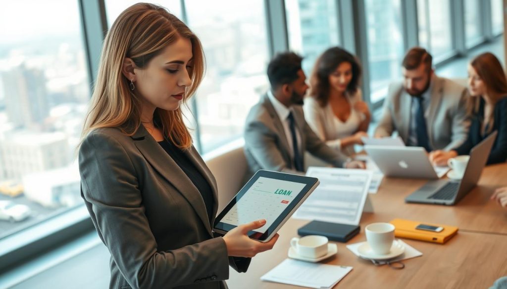 A professional office setting with a diverse group of business professionals engaged in a discussion about loan options. In the foreground, a woman in business attire examines a loan comparison chart on a digital tablet, looking thoughtful. In the middle, a group of business people, including a man and a woman, are seated around a conference table with laptops, papers, and coffee cups, analyzing documents and exchanging ideas. In the background, a large window lets in soft natural light, providing a view of a bustling cityscape. The atmosphere is focused and collaborative, emphasizing a sense of inquiry and determination, reflecting the complexities of financial decision-making. The image should have a bright and professional tone, captured with a shallow depth of field to highlight the foreground action. A professional office setting with a diverse group of business professionals engaged in a discussion about loan options. In the foreground, a woman in business attire examines a loan comparison chart on a digital tablet, looking thoughtful. In the middle, a group of business people, including a man and a woman, are seated around a conference table with laptops, papers, and coffee cups, analyzing documents and exchanging ideas. In the background, a large window lets in soft natural light, providing a view of a bustling cityscape. The atmosphere is focused and collaborative, emphasizing a sense of inquiry and determination, reflecting the complexities of financial decision-making. The image should have a bright and professional tone, captured with a shallow depth of field to highlight the foreground action.