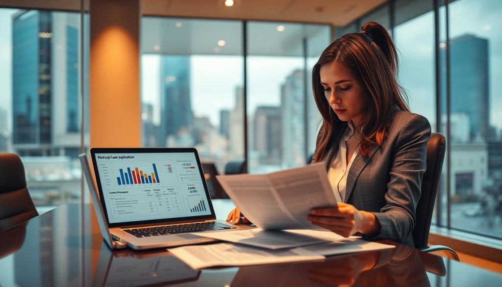 A professional office setting with a focus on a businesswoman sitting at a sleek desk, examining a form titled "Motorcycle Loan Application" under warm, diffused lighting. In the foreground, the woman, dressed in a smart business attire, appears concerned as she reviews documents with highlighted notes around her. In the middle, a laptop displays graphs and statistics related to loan approvals and interest rates, symbolizing the risks involved. In the background, a large window reveals a bustling urban cityscape, reflecting a modern and dynamic atmosphere. The overall mood is tense yet professional, emphasizing the importance of careful consideration before applying for a loan. A professional office setting with a focus on a businesswoman sitting at a sleek desk, examining a form titled "Motorcycle Loan Application" under warm, diffused lighting. In the foreground, the woman, dressed in a smart business attire, appears concerned as she reviews documents with highlighted notes around her. In the middle, a laptop displays graphs and statistics related to loan approvals and interest rates, symbolizing the risks involved. In the background, a large window reveals a bustling urban cityscape, reflecting a modern and dynamic atmosphere. The overall mood is tense yet professional, emphasizing the importance of careful consideration before applying for a loan.