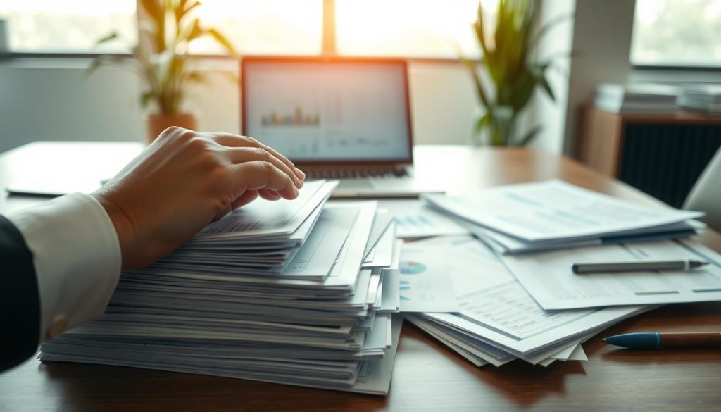 A professional office setting with a focus on a desk covered in paperwork and documentation, symbolizing the concept of "補件資料". In the foreground, a pair of hands, clad in formal business attire, are assembling a stack of organized files and reports, showcasing a sense of determination and hope. The middle ground features an open laptop displaying spreadsheets and data analysis. The background reveals a bright, well-lit office space with a large window, allowing soft natural light to flood in, creating a positive and optimistic atmosphere. The lens captures this scene from a slight angle, emphasizing the organization and clarity of the paperwork. The mood is focused, yet hopeful, reflecting the theme of overcoming obstacles in financial processes. A professional office setting with a focus on a desk covered in paperwork and documentation, symbolizing the concept of "補件資料". In the foreground, a pair of hands, clad in formal business attire, are assembling a stack of organized files and reports, showcasing a sense of determination and hope. The middle ground features an open laptop displaying spreadsheets and data analysis. The background reveals a bright, well-lit office space with a large window, allowing soft natural light to flood in, creating a positive and optimistic atmosphere. The lens captures this scene from a slight angle, emphasizing the organization and clarity of the paperwork. The mood is focused, yet hopeful, reflecting the theme of overcoming obstacles in financial processes.