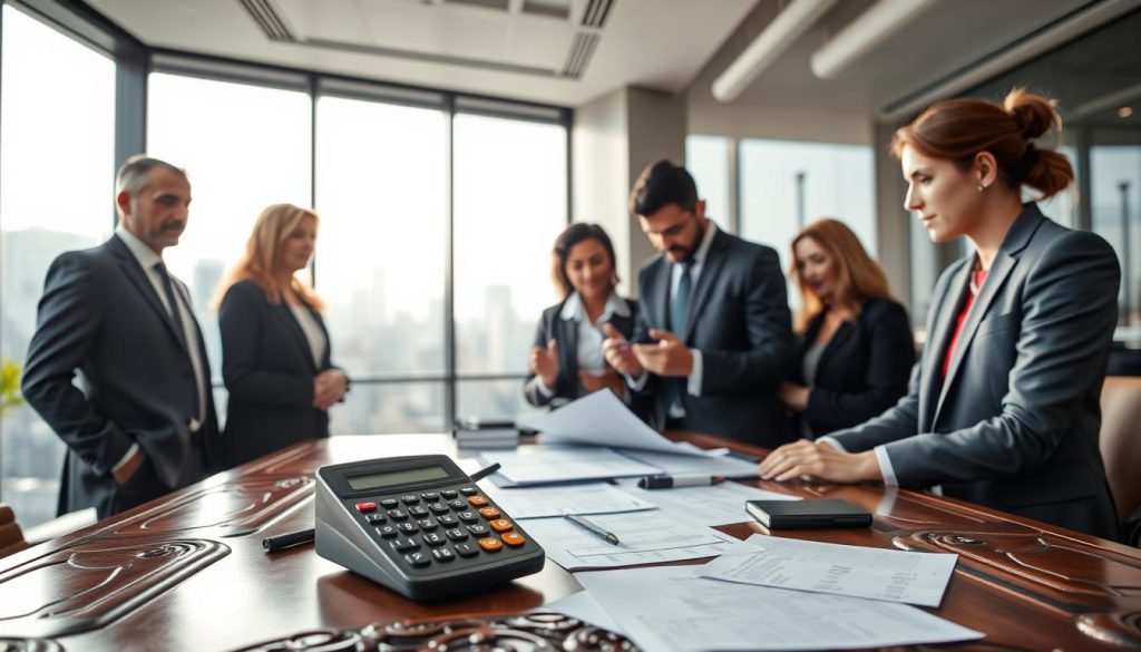 A professional office setting with a focus on a large, ornate wooden desk at the forefront, covered with various financial documents and a calculator, symbolizing credit limits. In the middle ground, a diverse group of business professionals dressed in formal attire, discussing passionately over the paperwork. In the background, a modern office window reveals a cityscape, bathed in soft morning light, giving a fresh and optimistic atmosphere. The lighting should highlight the expressions of the individuals, showcasing a sense of teamwork and determination. The overall mood is one of collaboration and seriousness, emphasizing the complexities of credit and financial planning without any distracting elements.