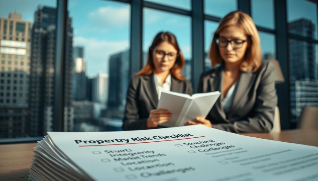 A professional office setting with a focus on real estate investment risks. In the foreground, a stack of documents titled "Property Risk Checklist," with highlighted points such as "Structural Integrity," "Market Trends," and "Location Challenges." In the middle ground, a well-dressed business person, a woman in a blazer and glasses, examines the checklist with a concerned expression. In the background, a modern cityscape with various buildings representing different property types: residential, commercial, and industrial. Soft, natural lighting filtering through large windows creates an optimistic yet cautious atmosphere. The angle is a medium close-up, drawing attention to the person while subtly showcasing the documents and city.