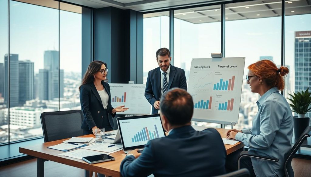 A professional office setting with a modern touch, focused on the concept of personal loans. In the foreground, a diverse group of three financial analysts, dressed in business attire, are engaged in a discussion around a desk filled with financial documents, charts, and a laptop displaying loan approval metrics. In the middle ground, a whiteboard illustrates graphs related to loan applications and approval rates. The background showcases a sleek, glass-walled office space with view of a city skyline, suggesting a bustling financial district. Bright, natural lighting filters through large windows, casting a warm and inviting atmosphere, symbolizing transparency and clarity in the personal loan approval process. The overall mood is professional and informative, aimed at conveying financial literacy and understanding.