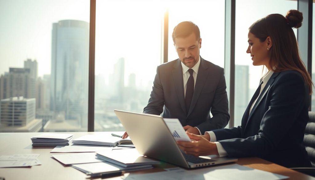 A professional office setting with two business professionals engaged in a discussion over a laptop. In the foreground, a well-dressed man and woman are analyzing financial data on the screen, which displays graphs and charts related to credit assessment. The middle ground features a desk cluttered with paperwork, including loan applications and credit reports. In the background, large windows showcase a city skyline under bright, natural daylight, creating an atmosphere of motivation and focus. The lighting is soft and warm, enhancing the professionalism of the scene. The image should reflect a sense of diligence and attention to detail in the loan approval process, emphasizing the importance of credit checks before disbursement.