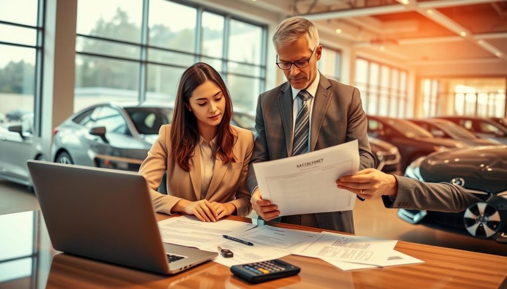 A professional setting depicting a car dealership office with a focus on a car loan agreement being reviewed. In the foreground, a diverse couple, dressed in smart casual business attire, is examining documents on a desk. The desk has a sleek laptop, car keys, and a financial calculator. In the middle ground, a knowledgeable financial advisor, a middle-aged man in formal attire, stands beside them, pointing at key details in the paperwork. The background features a large window with natural light streaming in, illuminating car models on display outside, emphasizing a feeling of trust and professionalism. The mood is serious yet hopeful, capturing the complexities of selling a financed car and the legal details involved. The image should have a warm color tone, reflecting a welcoming atmosphere. A professional setting depicting a car dealership office with a focus on a car loan agreement being reviewed. In the foreground, a diverse couple, dressed in smart casual business attire, is examining documents on a desk. The desk has a sleek laptop, car keys, and a financial calculator. In the middle ground, a knowledgeable financial advisor, a middle-aged man in formal attire, stands beside them, pointing at key details in the paperwork. The background features a large window with natural light streaming in, illuminating car models on display outside, emphasizing a feeling of trust and professionalism. The mood is serious yet hopeful, capturing the complexities of selling a financed car and the legal details involved. The image should have a warm color tone, reflecting a welcoming atmosphere.