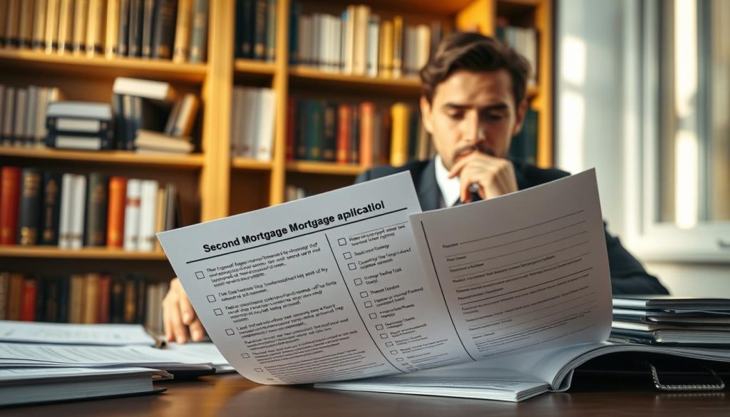 A professional setting depicting a close-up view of a person seated at a desk, surrounded by financial documents related to a second mortgage application. The person, dressed in business attire, is thoughtfully reviewing a checklist that outlines personal financial data and potential risks. In the background, shelves filled with books on finance and home loans create an academic atmosphere. Soft, natural lighting from a nearby window illuminates the scene, casting gentle shadows and emphasizing the seriousness of the situation. The mood is focused and contemplative, reflecting the importance of self-assessment before applying for a loan. The overall composition should convey diligence and preparedness, with a depth of field that keeps the focus on the individual and their task. A professional setting depicting a close-up view of a person seated at a desk, surrounded by financial documents related to a second mortgage application. The person, dressed in business attire, is thoughtfully reviewing a checklist that outlines personal financial data and potential risks. In the background, shelves filled with books on finance and home loans create an academic atmosphere. Soft, natural lighting from a nearby window illuminates the scene, casting gentle shadows and emphasizing the seriousness of the situation. The mood is focused and contemplative, reflecting the importance of self-assessment before applying for a loan. The overall composition should convey diligence and preparedness, with a depth of field that keeps the focus on the individual and their task.