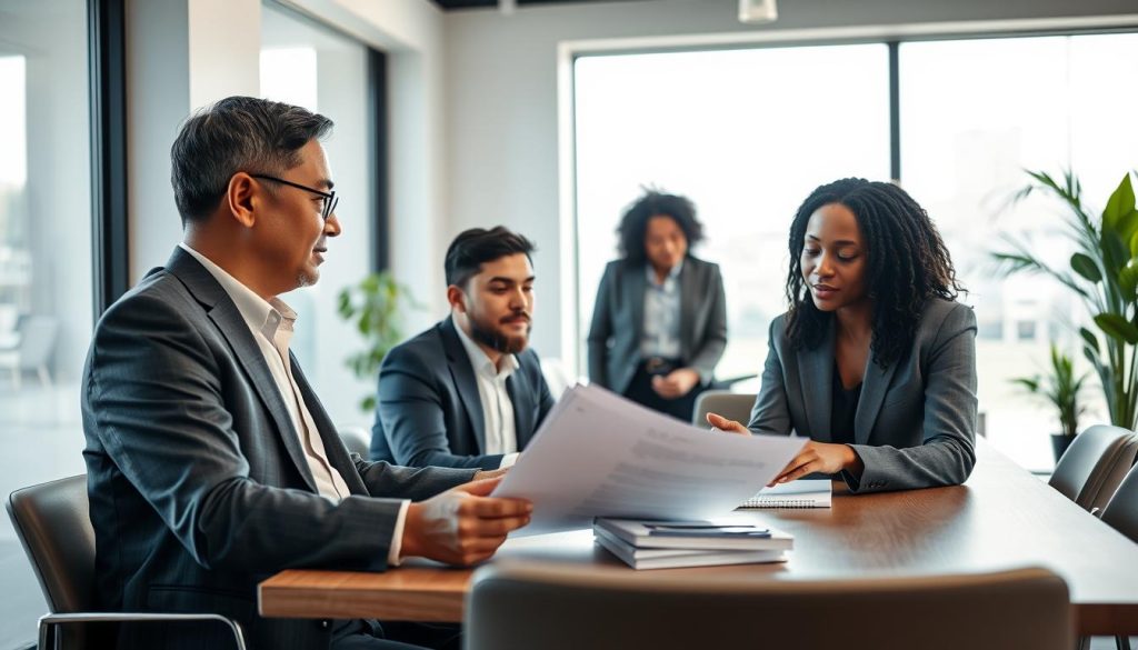 A professional setting depicting a diverse group of adults engaged in a constructive discussion about personal loan terms. The foreground features two individuals, a middle-aged Asian man in a well-tailored suit and a young Black woman in smart casual attire, seated at a conference table, looking thoughtfully at a stack of documents. In the background, a large window allows soft natural light to filter in, creating an inviting atmosphere. The setting is a modern office with sleek furniture and plants in the corners. The overall mood is collaborative and optimistic, emphasizing negotiation and understanding. The camera angle is slightly above eye level, providing a clear focus on the interaction between the two individuals while showcasing the professional environment.