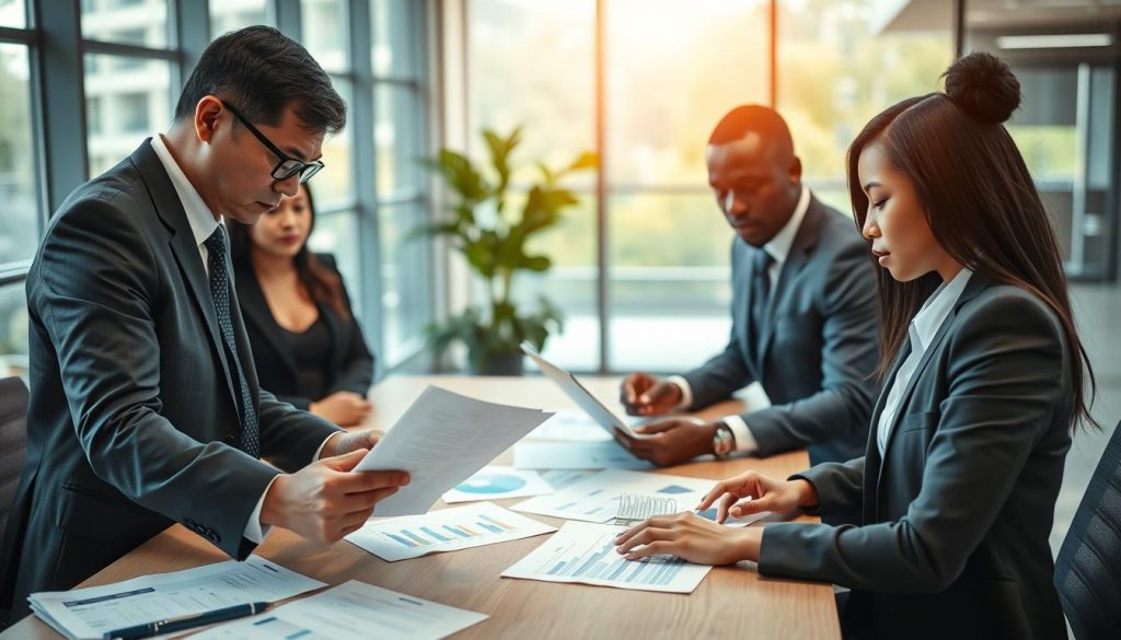 A professional setting depicting a diverse group of individuals engaged in a discussion about personal loan applications. In the foreground, a middle-aged Asian man in smart business attire is reviewing a document, looking concerned. Beside him, a young Black woman in professional attire types on a laptop, analyzing data related to employment history and credit scores. The middle ground features an office table with charts and financial papers scattered around, symbolizing the loan application process. In the background, a modern office environment with large windows allowing natural light to flood in, creating a bright and optimistic atmosphere. The overall mood is serious yet constructive, emphasizing the importance of work experience and industry stability in loan approvals.