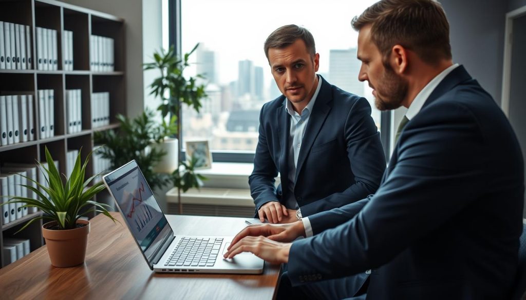 A professional setting depicting a financial advisor and a client discussing personal loan eligibility. In the foreground, the advisor is dressed in a sharp navy suit, gesturing towards a laptop screen that displays a graph illustrating credit scores and loan thresholds. The client, wearing smart casual attire, looks engaged and concerned. In the middle ground, an office environment features shelves filled with financial books and a potted plant for a touch of warmth. In the background, a large window offers a view of a city skyline, enhancing the atmosphere of professionalism. The scene is softly lit, with natural light filtering through the window, creating a calm and focused mood, perfect for a serious discussion on loan approval criteria. A professional setting depicting a financial advisor and a client discussing personal loan eligibility. In the foreground, the advisor is dressed in a sharp navy suit, gesturing towards a laptop screen that displays a graph illustrating credit scores and loan thresholds. The client, wearing smart casual attire, looks engaged and concerned. In the middle ground, an office environment features shelves filled with financial books and a potted plant for a touch of warmth. In the background, a large window offers a view of a city skyline, enhancing the atmosphere of professionalism. The scene is softly lit, with natural light filtering through the window, creating a calm and focused mood, perfect for a serious discussion on loan approval criteria.