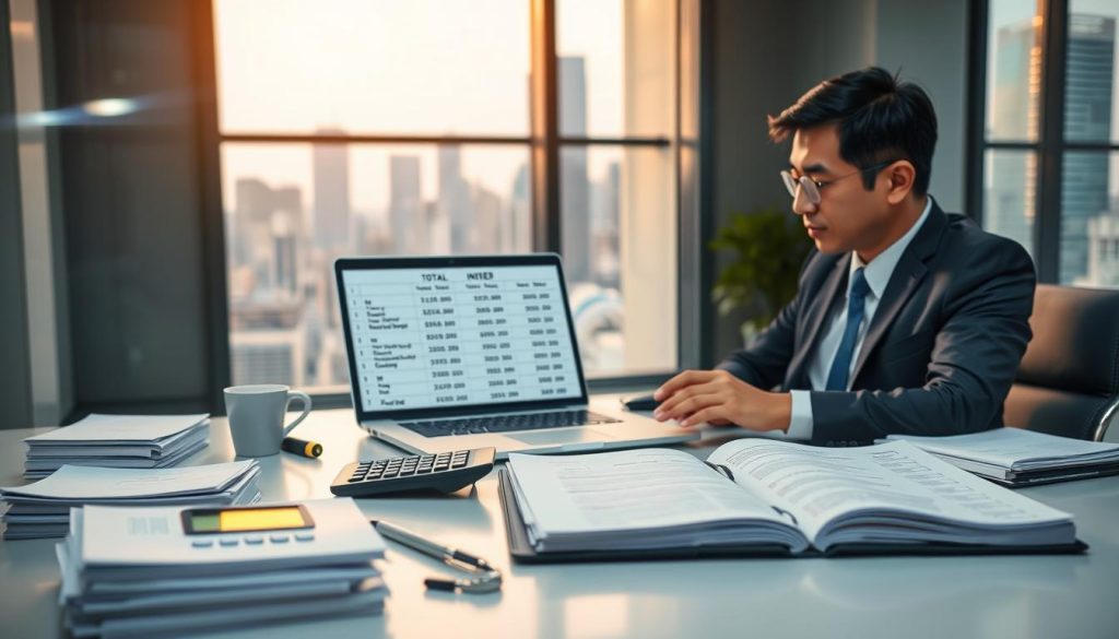 A professional setting depicting a financial advisor calculating total interest using a simple formula. In the foreground, a focused Asian male financial advisor in a neatly pressed suit is seen working at a modern desk with a calculator and stacks of paperwork. In the middle, an open spreadsheet on a laptop screen displays figures and calculations related to loans and interest rates. In the background, a large window reveals a bustling city skyline, symbolizing financial growth and opportunity. Soft, warm lighting illuminates the scene, creating a calm and analytical atmosphere. The composition emphasizes clarity and professionalism suitable for a financial article, with a balanced focus on the advisor and the calculation tools without any distractions or text elements.