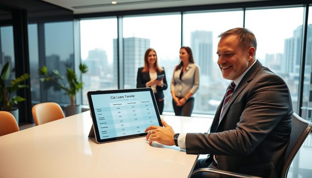 A professional setting depicting a financial advisor discussing car loan transfer options. In the foreground, a well-dressed financial advisor, with a friendly demeanor, sits at a sleek modern desk, gesturing towards a digital tablet displaying a comparison of loan types. In the middle ground, a couple, dressed in smart casual outfits, appears engaged and focused on the information presented. In the background, a large window lets in natural light, illuminating the office with a soft glow, while cityscape views create a sense of urban professionalism. The mood is informative and reassuring, emphasizing clarity and collaboration in financial decision-making. The scene captures the essence of exploring options in car loan refinancing and increasing loans, without any distractions or text overlays.