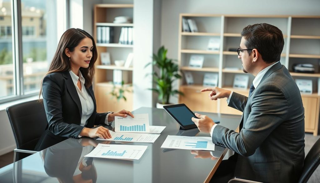 A professional setting depicting a financial consultation scene focused on loan approval. In the foreground, a confident businesswoman in a smart suit sits at a sleek conference table, reviewing financial documents and graphs displaying loan options. She is engaged in conversation with a well-dressed financial advisor, who is pointing to a digital tablet showing interest rates and loan amounts. The middle ground features a modern office with large windows allowing soft natural light to illuminate the space, enhancing a welcoming atmosphere. The background includes shelves filled with financial literature and a potted plant adding a touch of greenery. Lens effect subtly blurs the background slightly to emphasize the professionals in discussion, conveying an atmosphere of trust and informed decisions. A professional setting depicting a financial consultation scene focused on loan approval. In the foreground, a confident businesswoman in a smart suit sits at a sleek conference table, reviewing financial documents and graphs displaying loan options. She is engaged in conversation with a well-dressed financial advisor, who is pointing to a digital tablet showing interest rates and loan amounts. The middle ground features a modern office with large windows allowing soft natural light to illuminate the space, enhancing a welcoming atmosphere. The background includes shelves filled with financial literature and a potted plant adding a touch of greenery. Lens effect subtly blurs the background slightly to emphasize the professionals in discussion, conveying an atmosphere of trust and informed decisions.