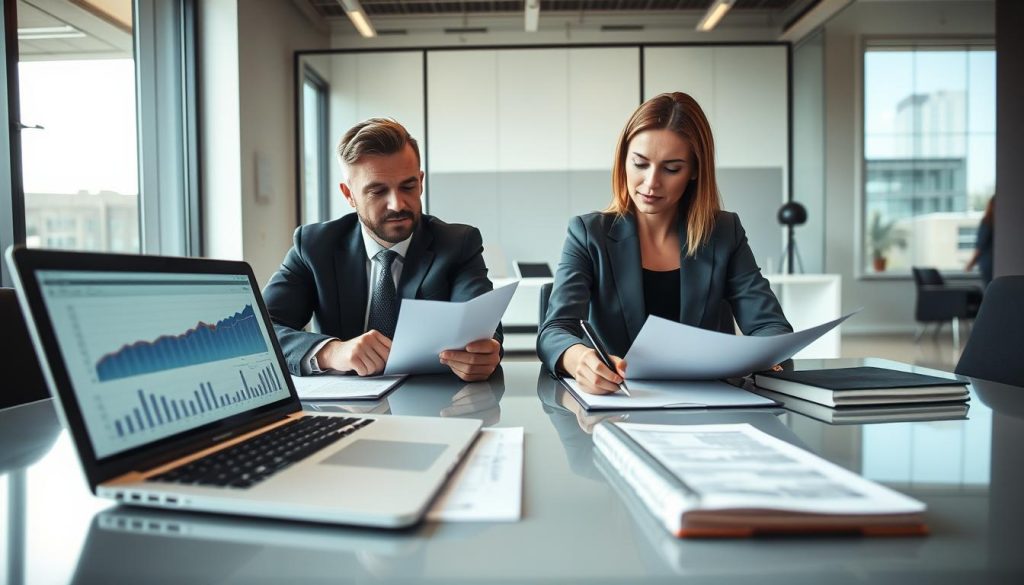 A professional setting depicting a loan approval moment before signing a contract. In the foreground, an executive man and woman in business attire are seated at a sleek conference table, reviewing documents with focused expressions. The middle ground features a laptop displaying financial charts and a notepad filled with notes, symbolizing negotiation. In the background, a bright modern office with large windows allows natural light to flood the space, casting soft shadows. The atmosphere is tense yet optimistic, suggesting an important decision is about to be made. Use a slight overhead angle to capture the intensity of the moment, ensuring clarity on the paperwork and expressions of the individuals.