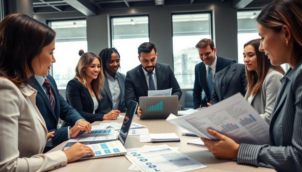 A professional setting depicting a modern office environment focused on personal loan applications. In the foreground, a diverse group of individuals dressed in business attire is engaged in a discussion around a conference table, reviewing loan documents and bank brochures. The middle section features a laptop open with financial graphs and bank logos visible on the screen, showcasing multiple banks. In the background, large windows allow natural light to flood the room, creating an inviting atmosphere. The lens should be slightly wide-angle to capture the collaborative mood, emphasizing teamwork and research. The overall feel should be one of motivation and professionalism, highlighting the serious nature of financial applications while maintaining a sense of optimism in the air.