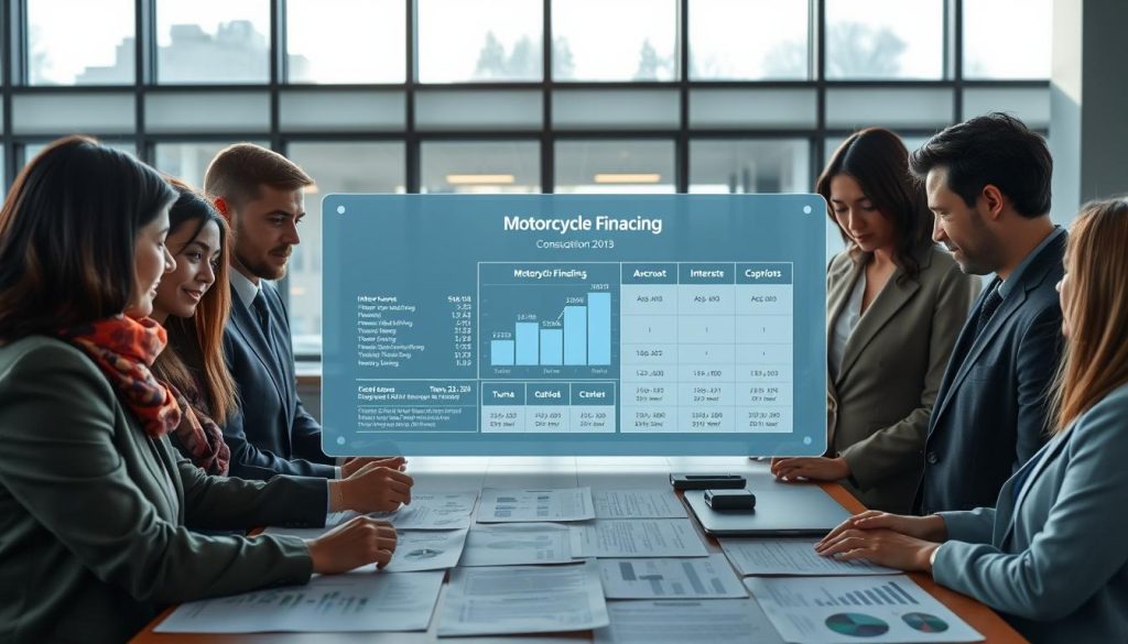 A professional setting depicting a motorcycle financing consultation. In the foreground, a diverse group of individuals in modest business attire are gathered around a table covered with charts and documents showing different loan conditions, such as interest rates, term lengths, and repayment methods. In the middle, a transparent digital screen displays graphs comparing various financing options, illuminated by soft, focused lighting that creates a serious yet hopeful atmosphere. The background features a modern office space with large windows allowing natural light to flood in, creating a bright and open feeling. The color palette is composed of calming blues and greens to evoke trust and professionalism, while the lens captures a wide-angle view, making the scene feel inclusive and dynamic.