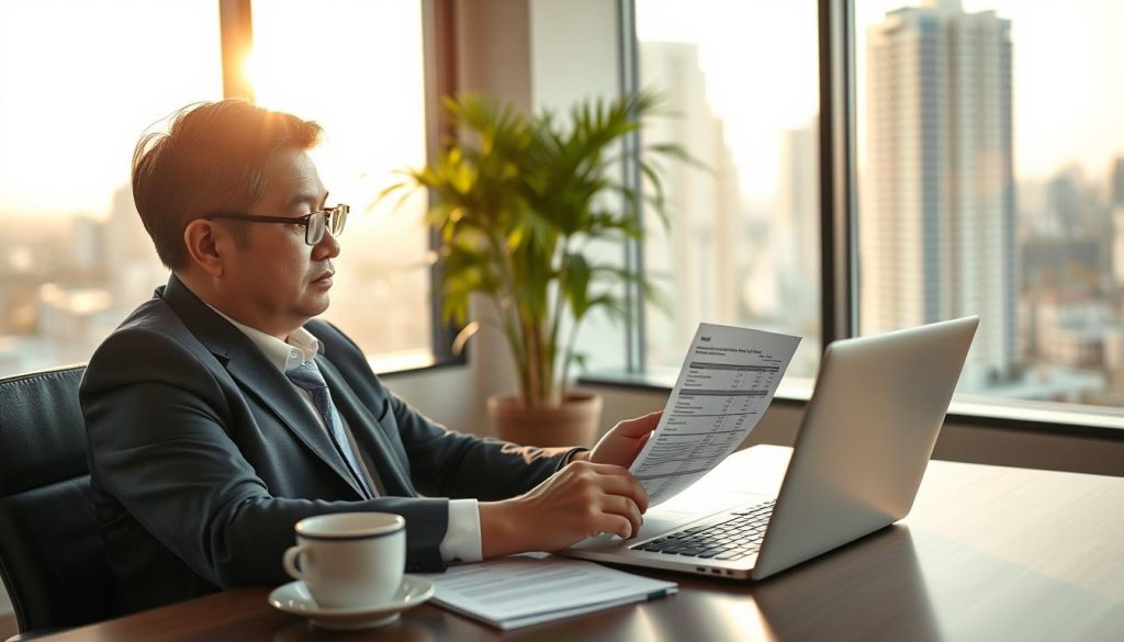 A professional setting depicting a person sitting at a desk with a laptop open in front of them, analyzing a car loan transfer process. The foreground features the individual, a middle-aged Asian man in a smart business suit, thoughtfully reviewing paperwork and financial documents. The middle ground includes a potted plant and a coffee cup, adding a touch of warmth to the office space. In the background, a large window reveals a cityscape, bathed in soft afternoon sunlight that illuminates the room with a warm glow. The atmosphere is focused and contemplative, reflecting the theme of financial decision-making and the pursuit of lower monthly payments through refinancing. The composition is balanced, with a slightly blurred background to emphasize the subject in the foreground. A professional setting depicting a person sitting at a desk with a laptop open in front of them, analyzing a car loan transfer process. The foreground features the individual, a middle-aged Asian man in a smart business suit, thoughtfully reviewing paperwork and financial documents. The middle ground includes a potted plant and a coffee cup, adding a touch of warmth to the office space. In the background, a large window reveals a cityscape, bathed in soft afternoon sunlight that illuminates the room with a warm glow. The atmosphere is focused and contemplative, reflecting the theme of financial decision-making and the pursuit of lower monthly payments through refinancing. The composition is balanced, with a slightly blurred background to emphasize the subject in the foreground.