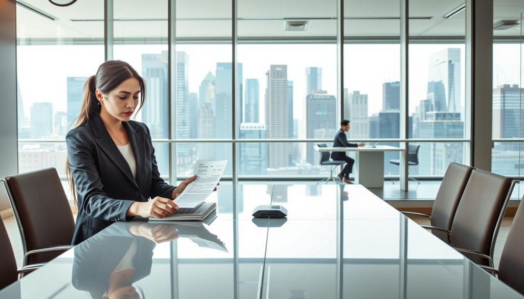 A professional setting depicting a split image illustrating the differences in loan offers from different branches of the same bank. In the foreground, a business-savvy woman in a smart blazer examines two contrasting documents at a sleek conference table, looking puzzled. In the middle, a glass partition reveals a modern bank interior with representatives at separate desks discussing numbers with clients; one desk has a cheerful representative, while the other shows a more serious discussion. The background features a large window showcasing urban skyscrapers, hinting at the financial sector's bustling nature. Soft natural light illuminates the scene, creating a calm yet curious atmosphere, emphasizing the stark contrast in financial advice.