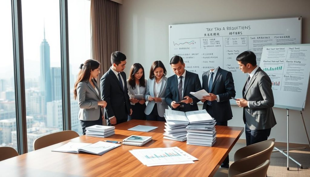 A professional setting depicting the tax landscape of Taiwan, featuring a modern conference room with a large window showing a skyline of Taipei, including the iconic Taipei 101. In the foreground, a diverse group of five individuals dressed in business attire are engaged in a discussion, analyzing financial graphs on a tablet and stacks of tax documents. The middle ground showcases a sleek wooden table filled with financial models and charts, while a whiteboard displays important tax regulations in a clear layout. Soft natural light streams through the window, creating a warm, focused atmosphere. The overall mood is one of collaboration and professionalism, conveying the importance of understanding tax regulations in personal investment strategies. A professional setting depicting the tax landscape of Taiwan, featuring a modern conference room with a large window showing a skyline of Taipei, including the iconic Taipei 101. In the foreground, a diverse group of five individuals dressed in business attire are engaged in a discussion, analyzing financial graphs on a tablet and stacks of tax documents. The middle ground showcases a sleek wooden table filled with financial models and charts, while a whiteboard displays important tax regulations in a clear layout. Soft natural light streams through the window, creating a warm, focused atmosphere. The overall mood is one of collaboration and professionalism, conveying the importance of understanding tax regulations in personal investment strategies.
