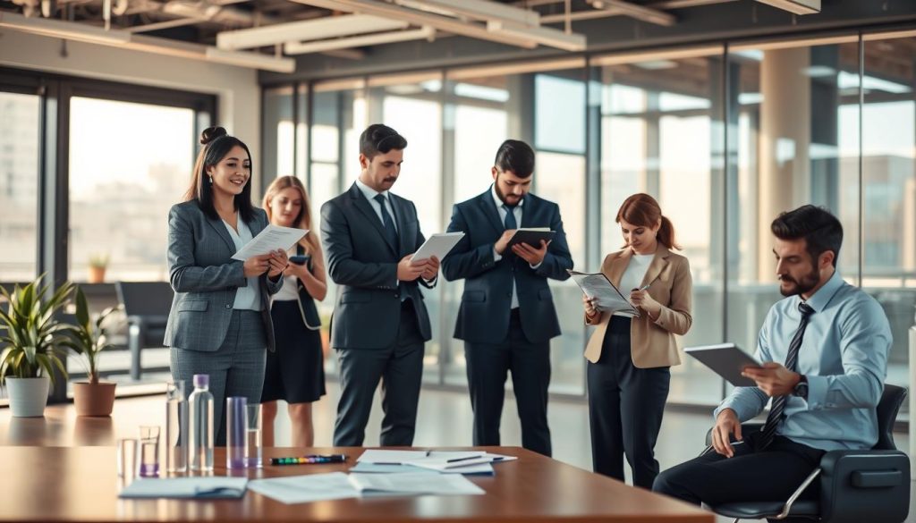 A professional setting displaying various work styles in the context of personal finance. Foreground features a diverse group of individuals dressed in business attire, symbolizing different employment types: a full-time employee confidently presenting a document, an independent contractor working on a laptop, a temporary worker reviewing a contract, and a freelancer sketching out ideas. The middle ground includes subtle visual elements like graphs and charts representing stability in finance, enhancing the context. The background shows a modern office environment with large windows allowing warm natural light to filter in, creating an inviting atmosphere. Use a slight depth of field to keep the focus on the individuals and their interactions, emphasizing the importance of work type in financial assessments. The image should evoke professionalism and clarity.