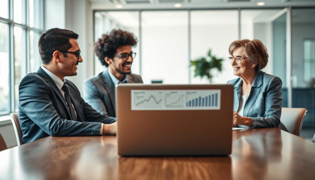 A professional setting featuring a diverse group of individuals engaged in a discussion about personal credit loan approval. In the foreground, a young professional man in a tailored suit and an older woman in smart casual attire sit across from each other at a sleek conference table, animatedly discussing terms and conditions. The middle of the image showcases a laptop open with financial graphs and numbers, suggesting analytical discussion. In the background, a modern office environment with large windows letting in soft, natural light creates an inviting atmosphere. The colors are warm and professional, focusing on blues and grays, conveying a sense of collaboration and negotiation. The depth of field is shallow, emphasizing the interaction while softly blurring the surroundings.