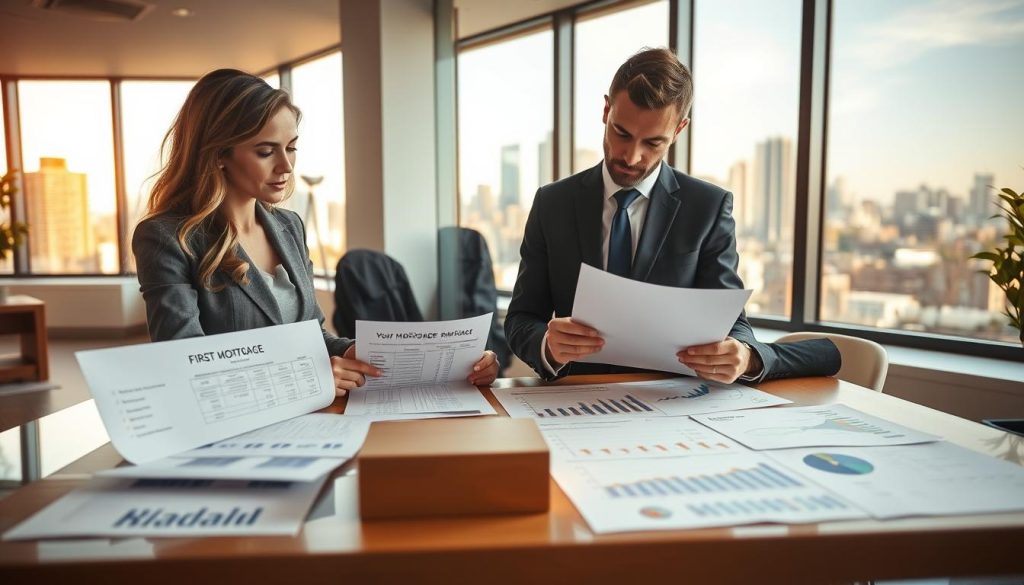 A professional setting featuring a female and male financial advisor discussing mortgage options in a bright, modern office. In the foreground, focused expressions on their faces as they examine documents detailing first mortgage terms, repayment records, and interest rates. The middle ground includes a table scattered with charts and graphs that detail loan duration and payment history. In the background, large windows offer a view of a city skyline, bathed in warm afternoon light creating an inviting atmosphere. The scene conveys a serious yet optimistic mood about financial planning and home ownership. The advisors wear professional business attire, ensuring a formal and respectful presentation.