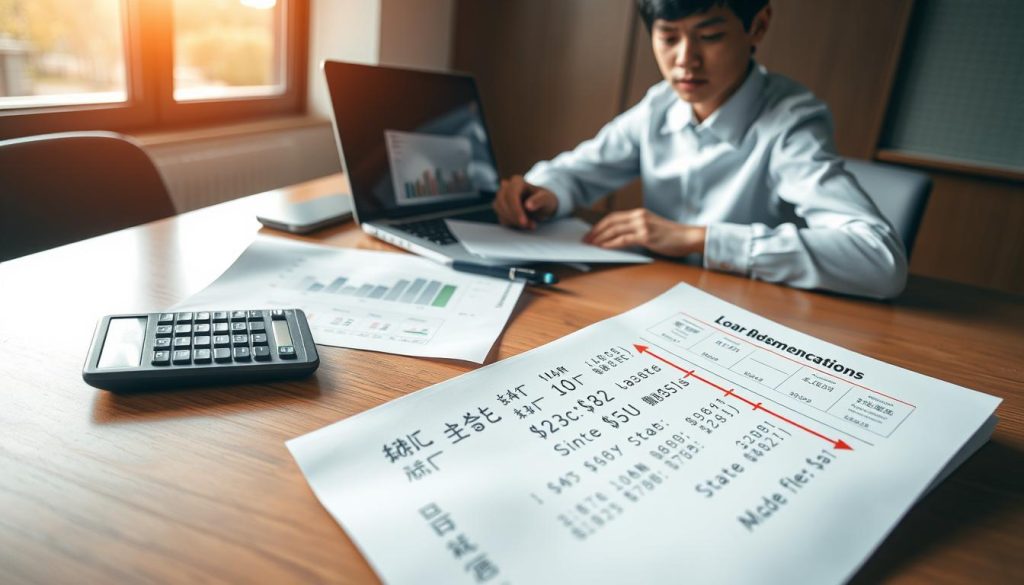 A professional setting featuring a focused Asian financial advisor reviewing various loan documents on a sleek wooden desk. In the foreground, highlight a detailed calculation sheet showing breakdowns of "開辦費" with symbols of money and arrows indicating costs. In the middle, a modern laptop displays graphs representing interest rates and hidden fees, while a calculator lies beside it. The background includes a large window allowing natural light to illuminate the room, enhancing a serious yet optimistic atmosphere. Soft shadows create depth, and the overall ambiance reflects a business-like professionalism. The scene is captured with a shallow depth of field to emphasize the advisor's concentration. A professional setting featuring a focused Asian financial advisor reviewing various loan documents on a sleek wooden desk. In the foreground, highlight a detailed calculation sheet showing breakdowns of "開辦費" with symbols of money and arrows indicating costs. In the middle, a modern laptop displays graphs representing interest rates and hidden fees, while a calculator lies beside it. The background includes a large window allowing natural light to illuminate the room, enhancing a serious yet optimistic atmosphere. Soft shadows create depth, and the overall ambiance reflects a business-like professionalism. The scene is captured with a shallow depth of field to emphasize the advisor's concentration.