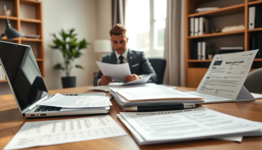 A professional setting focused on preparing documents for a motorcycle loan application. In the foreground, there's a neatly arranged desk with essential paperwork, including forms, identification, and financial statements. A closed laptop is also present, symbolizing the online application process. The middle ground features a person in smart casual attire, intently reviewing the papers, illustrating a sense of diligence. Soft, natural light filters through a nearby window, casting gentle shadows and creating an organized, inviting atmosphere. The background includes a bookshelf with finance-related books, adding context to the subject matter. The overall mood is one of seriousness and preparation, emphasizing the importance of being well-equipped for a motorcycle loan application.
