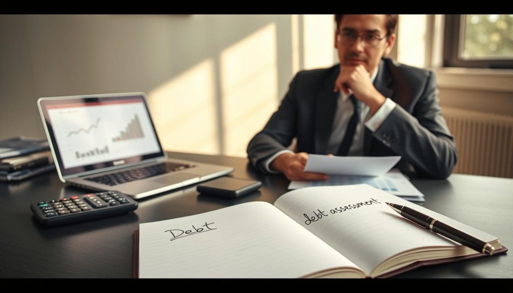A professional setting focusing on personal finance, featuring a business-dressed individual seated at a sleek desk stocked with financial documents and a calculator. In the foreground, there’s an open notebook with handwritten notes on "debt assessment" and an elegant pen. The middle ground depicts a laptop displaying graphs and charts related to credit card repayments. In the background, a large window allows soft, natural light to flood the room, creating a warm atmosphere. The overall mood conveys thoughtful deliberation and financial analysis, evoking a sense of clarity and decision-making in personal finance. The camera angle is slightly above eye level, capturing the individual’s focused expression as they assess their financial situation.