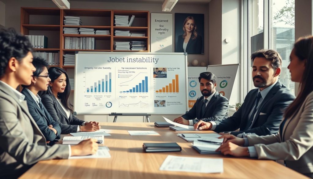 A professional setting illustrating the concept of "job instability." In the foreground, a diverse group of professionals in smart business attire sit around a table, discussing documents and reports with a serious expression. In the middle ground, a whiteboard displays graphs and charts highlighting employment statistics and trends related to job stability. The background shows an office environment, with shelves of financial reports and motivational posters emphasizing stability and growth. Soft, natural lighting flows through large windows, casting warm shadows to create a focused and contemplative atmosphere. The camera angle is slightly elevated, capturing the group’s engaged conversation while emphasizing the importance of the topic at hand. A professional setting illustrating the concept of "job instability." In the foreground, a diverse group of professionals in smart business attire sit around a table, discussing documents and reports with a serious expression. In the middle ground, a whiteboard displays graphs and charts highlighting employment statistics and trends related to job stability. The background shows an office environment, with shelves of financial reports and motivational posters emphasizing stability and growth. Soft, natural lighting flows through large windows, casting warm shadows to create a focused and contemplative atmosphere. The camera angle is slightly elevated, capturing the group’s engaged conversation while emphasizing the importance of the topic at hand.