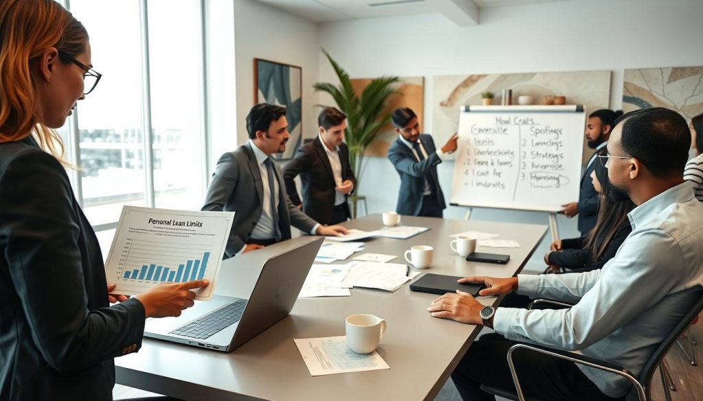 A professional setting in a bright, modern office, showcasing a diverse group of individuals in business attire discussing financial documents. In the foreground, a confident young woman with glasses is analyzing a chart labeled "Personal Credit Loan Limits" on her laptop, while a middle-aged man gestures expressively, pointing at a whiteboard with financial goals and strategies written on it. In the middle ground, a diverse team is brainstorming around a sleek conference table strewn with paperwork and coffee cups, with a large window allowing natural light to flood the space. The background features abstract art and green plants that enhance a productive atmosphere. The mood is focused and energetic, emphasizing teamwork and professionalism in financial planning. A professional setting in a bright, modern office, showcasing a diverse group of individuals in business attire discussing financial documents. In the foreground, a confident young woman with glasses is analyzing a chart labeled "Personal Credit Loan Limits" on her laptop, while a middle-aged man gestures expressively, pointing at a whiteboard with financial goals and strategies written on it. In the middle ground, a diverse team is brainstorming around a sleek conference table strewn with paperwork and coffee cups, with a large window allowing natural light to flood the space. The background features abstract art and green plants that enhance a productive atmosphere. The mood is focused and energetic, emphasizing teamwork and professionalism in financial planning.