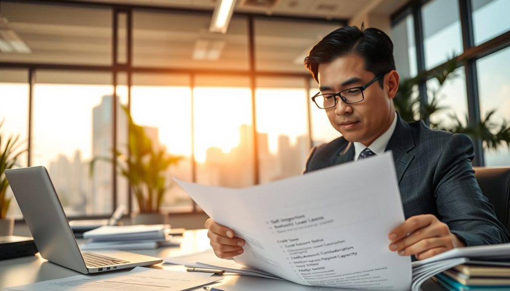 A professional setting in an office during the day, with a desk cluttered with documents and a laptop. In the foreground, a well-dressed individual, a middle-aged Asian man, sits attentively reviewing a checklist titled "Self-Inspection Checklist for Motorcycle Loans." The checklist is visibly detailed with items such as "Credit Score Status," "Loan Amount Consideration," and "Monthly Repayment Capacity." In the middle background, a large window reveals a view of a bustling cityscape, bathed in warm sunlight that creates a bright and optimistic atmosphere. Soft-focus plants add a touch of greenery, enhancing the professional vibe. The overall mood is focused and proactive, emphasizing preparation and diligence in the loan application process. A professional setting in an office during the day, with a desk cluttered with documents and a laptop. In the foreground, a well-dressed individual, a middle-aged Asian man, sits attentively reviewing a checklist titled "Self-Inspection Checklist for Motorcycle Loans." The checklist is visibly detailed with items such as "Credit Score Status," "Loan Amount Consideration," and "Monthly Repayment Capacity." In the middle background, a large window reveals a view of a bustling cityscape, bathed in warm sunlight that creates a bright and optimistic atmosphere. Soft-focus plants add a touch of greenery, enhancing the professional vibe. The overall mood is focused and proactive, emphasizing preparation and diligence in the loan application process.