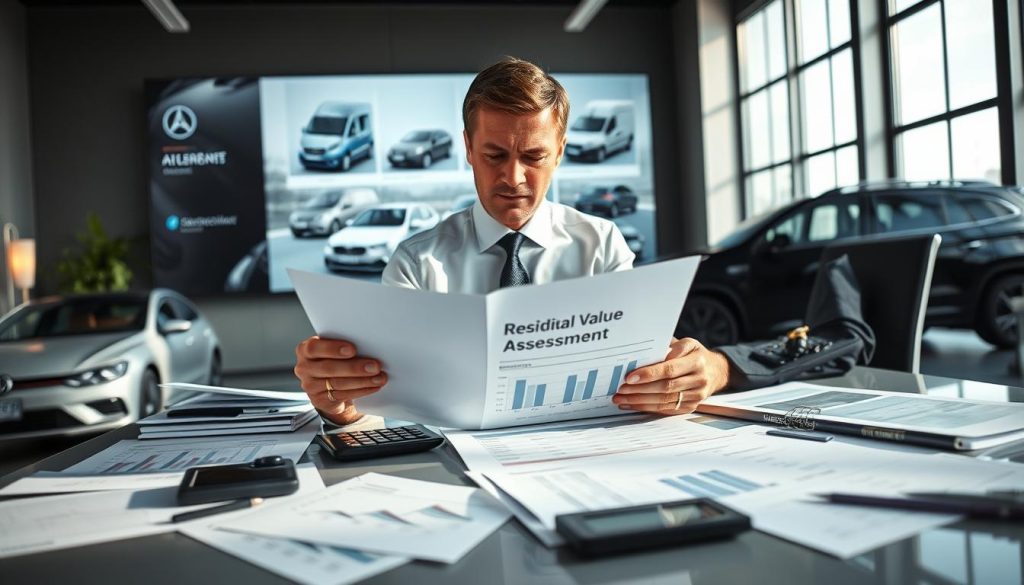 A professional setting showcasing a detailed evaluation of vehicle depreciation. In the foreground, a sleek, modern office desk is cluttered with documents, charts, and a calculator, emphasizing analysis. In the middle, a middle-aged Caucasian businessman in formal attire examines a report titled "Residual Value Assessment" with a focused expression. A digital display in the background shows a variety of vehicles – sedans, SUVs, and commercial vans, illustrating the distinction between personal and commercial use. Soft natural lighting filters through large windows, casting gentle shadows, creating a serious yet dynamic atmosphere. The camera angle is slightly elevated, emphasizing the task at hand while giving a sense of depth to the environment, perfect for highlighting the complexities of vehicle evaluation.