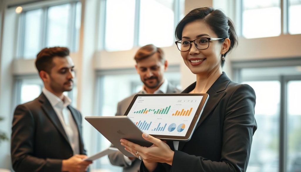 A professional setting showcasing a diverse group of business people engaged in a financial discussion. In the foreground, a confident middle-aged woman in smart business attire is explaining the concept of "授信結構" with a digital tablet, displaying graphs and charts. In the middle ground, two men, one young and one older, attentively listen, taking notes. The background consists of a modern conference room with large windows allowing natural light to flood in, emphasizing a bright and open atmosphere. The overall mood is collaborative and focused, with a slight depth of field effect to enhance the subjects in the foreground while subtly blurring the background. The lighting is warm and professional, creating an inviting yet serious ambiance suitable for a financial discussion. A professional setting showcasing a diverse group of business people engaged in a financial discussion. In the foreground, a confident middle-aged woman in smart business attire is explaining the concept of "授信結構" with a digital tablet, displaying graphs and charts. In the middle ground, two men, one young and one older, attentively listen, taking notes. The background consists of a modern conference room with large windows allowing natural light to flood in, emphasizing a bright and open atmosphere. The overall mood is collaborative and focused, with a slight depth of field effect to enhance the subjects in the foreground while subtly blurring the background. The lighting is warm and professional, creating an inviting yet serious ambiance suitable for a financial discussion.