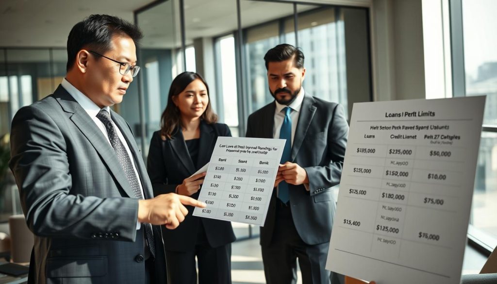 A professional setting showcasing a diverse group of businesspeople in formal attire engaged in a discussion about loans and credit limits. In the foreground, a middle-aged Asian male financial advisor points to a large chart displaying comparative loan amounts from different banks. In the middle ground, a young Black female banker takes notes while a Hispanic male client looks thoughtfully at the chart. The background features a modern office with glass walls, large windows letting in natural light, and sleek furniture. The atmosphere is focused and dynamic, conveying a sense of professionalism and urgency. Soft daylight illuminates the scene, creating a warm and inviting environment. The lens is set to capture a close-up of the discussion, emphasizing the expressions of the individuals involved.