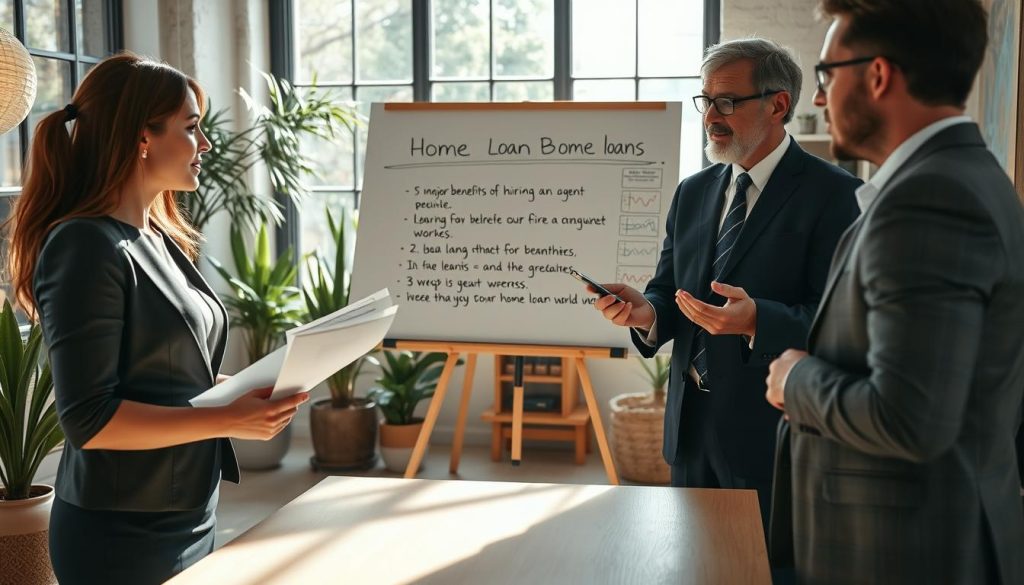 A professional setting showcasing a diverse group of individuals discussing home loan options. In the foreground, a well-dressed businesswoman in her 30s, holding financial documents, engages in conversation with a middle-aged man in a suit, who is explaining loan benefits. In the middle, a whiteboard displays key points about five major benefits of hiring an agent for home loans, filled with charts and bullet points. In the background, a cozy office environment with plants and natural light streaming through large windows, creating an inviting atmosphere. Soft lighting casts gentle shadows, enhancing the trusting and professional mood of the scene. A professional setting showcasing a diverse group of individuals discussing home loan options. In the foreground, a well-dressed businesswoman in her 30s, holding financial documents, engages in conversation with a middle-aged man in a suit, who is explaining loan benefits. In the middle, a whiteboard displays key points about five major benefits of hiring an agent for home loans, filled with charts and bullet points. In the background, a cozy office environment with plants and natural light streaming through large windows, creating an inviting atmosphere. Soft lighting casts gentle shadows, enhancing the trusting and professional mood of the scene.