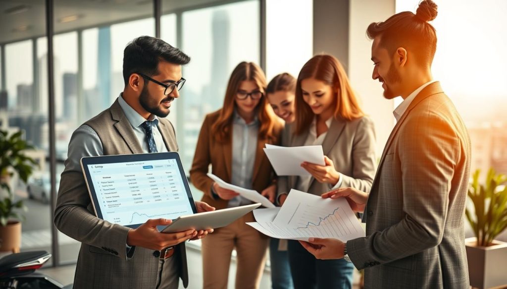 A professional setting showcasing a diverse group of people discussing motorbike loan services with a focus on consultation and assistance. In the foreground, a well-dressed consultant stands with a laptop, illustrating financial options on the screen. In the middle ground, a group of three clients examines documents, visibly engaged in conversation, one pointing towards a graph. The background features a modern office environment, including a large window displaying a cityscape, with soft, natural lighting filtering through. The atmosphere is collaborative and focused, capturing the essence of professional assistance and support in financial decisions. The image should have a warm color palette to convey friendliness and trust. A professional setting showcasing a diverse group of people discussing motorbike loan services with a focus on consultation and assistance. In the foreground, a well-dressed consultant stands with a laptop, illustrating financial options on the screen. In the middle ground, a group of three clients examines documents, visibly engaged in conversation, one pointing towards a graph. The background features a modern office environment, including a large window displaying a cityscape, with soft, natural lighting filtering through. The atmosphere is collaborative and focused, capturing the essence of professional assistance and support in financial decisions. The image should have a warm color palette to convey friendliness and trust.