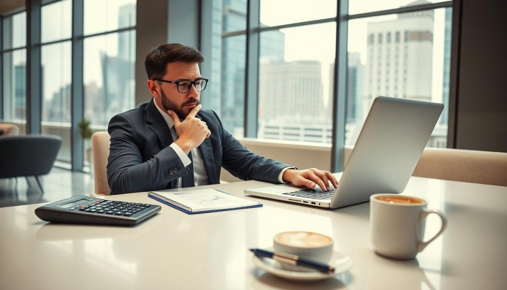 A professional setting showcasing a financial advisor seated at a sleek desk, analyzing car loan options on a laptop. In the foreground, a calculator, a notepad with a pen, and a cup of coffee are neatly arranged, emphasizing a focused atmosphere. In the middle, the advisor, dressed in smart business attire, is deep in thought, studying graphs and numbers on the screen. Behind, a clean, modern office with large windows reveals a cityscape, symbolizing financial opportunities. The scene is illuminated by soft, natural light, creating a warm and inviting mood. Show tension and concentration in the advisor's expression as they navigate the complexities of loan APRs, showcasing a moment of critical decision-making.