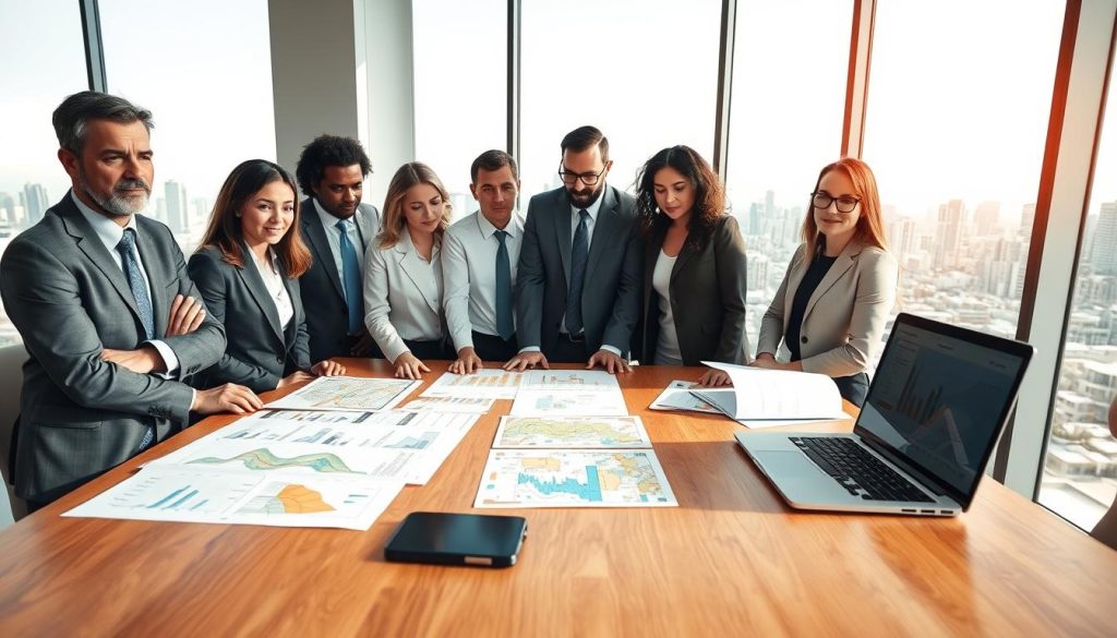 A professional setting showcasing a land appraisal methodology. In the foreground, a diverse group of professionals, dressed in business attire, are engaged in a discussion over land valuation charts and graphs, displaying focused expressions. In the middle ground, a large wooden table is covered with technical documents, maps, and a laptop displaying data analytics. The background features a large window allowing natural light to flood the space, revealing a city skyline with various land plots. The overall mood is serious yet collaborative, emphasizing the importance of accurate property valuations. The lighting is bright and clear, enhancing the professionalism of the scene, captured at eye level with a depth of field that keeps the subjects in sharp focus while slightly blurring the background. A professional setting showcasing a land appraisal methodology. In the foreground, a diverse group of professionals, dressed in business attire, are engaged in a discussion over land valuation charts and graphs, displaying focused expressions. In the middle ground, a large wooden table is covered with technical documents, maps, and a laptop displaying data analytics. The background features a large window allowing natural light to flood the space, revealing a city skyline with various land plots. The overall mood is serious yet collaborative, emphasizing the importance of accurate property valuations. The lighting is bright and clear, enhancing the professionalism of the scene, captured at eye level with a depth of field that keeps the subjects in sharp focus while slightly blurring the background.