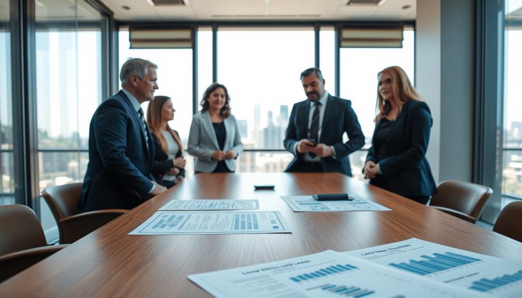 A professional setting showcasing a modern office conference room. In the foreground, a sleek wooden table with paperwork detailing land loan conditions, including charts and graphs. A diverse group of three individuals, dressed in professional business attire, are engaged in a discussion. In the middle, a large window allows natural light to flood the room, with a city skyline visible in the background. The mood is focused and collaborative, emphasizing a serious discussion about land loans. The lighting is bright and engaging, complementing the contemporary design of the conference room. The image should capture the essence of analyzing land loan applications, highlighting the importance of meeting the basic conditions for approval.
