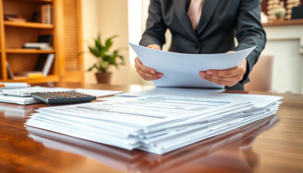 A professional setting showcasing a stack of neatly organized土地貸款文件 (land loan documents) on a polished wooden desk. The foreground features a close-up of the documents, including forms, financial statements, and a calculator, all arranged methodically. In the middle, a pair of hands, wearing elegant business attire, are highlighted as they review the paperwork, emphasizing the importance of preparation in securing loan approval. The background reveals a softly lit office environment, with a bookshelf filled with financial books and a potted plant, creating a calm and professional atmosphere. The lighting is warm and inviting, casting soft shadows that enhance the focus on the documentation, suggesting seriousness and readiness. Capture the essence of professionalism and thoroughness in this financial setting. A professional setting showcasing a stack of neatly organized土地貸款文件 (land loan documents) on a polished wooden desk. The foreground features a close-up of the documents, including forms, financial statements, and a calculator, all arranged methodically. In the middle, a pair of hands, wearing elegant business attire, are highlighted as they review the paperwork, emphasizing the importance of preparation in securing loan approval. The background reveals a softly lit office environment, with a bookshelf filled with financial books and a potted plant, creating a calm and professional atmosphere. The lighting is warm and inviting, casting soft shadows that enhance the focus on the documentation, suggesting seriousness and readiness. Capture the essence of professionalism and thoroughness in this financial setting.