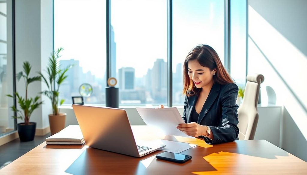 A professional setting showcasing the common application conditions for car loans in Taiwan. In the foreground, a well-dressed businesswoman is reviewing important documents on a sleek desk, with a modern laptop and a smartphone nearby. In the middle, a large window reveals a city skyline in bright daylight, symbolizing opportunity. The background features a minimalistic office with plants and awards, enhancing the atmosphere of ambition. The lighting is bright and natural, casting soft shadows. Use a slightly angled perspective that captures the urgency and determination of entrepreneurship, evoking a sense of hope and professionalism. The overall mood is inspiring and focused, reflecting the theme of securing funding through car loans.