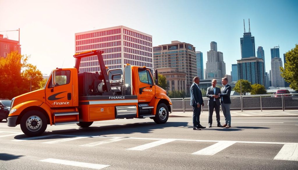 A professional tow truck company scene, depicting a modern tow truck in the foreground, positioned on a busy urban street. The truck is sleek, brightly colored, and prominently displays the company’s logo. In the middle ground, a finance office building can be seen, symbolizing the connection between towing and financial institutions. A few people in professional attire, such as suits and business casual clothing, are engaged in discussions, hinting at the complexities of auto loans and repossession. The background features a city skyline under a clear blue sky to enhance clarity and focus. The lighting is bright and natural, creating an optimistic atmosphere that contrasts with the serious nature of auto loans and towing. The image conveys professionalism and responsibility, relevant to the roles of tow companies and financial institutions. A professional tow truck company scene, depicting a modern tow truck in the foreground, positioned on a busy urban street. The truck is sleek, brightly colored, and prominently displays the company’s logo. In the middle ground, a finance office building can be seen, symbolizing the connection between towing and financial institutions. A few people in professional attire, such as suits and business casual clothing, are engaged in discussions, hinting at the complexities of auto loans and repossession. The background features a city skyline under a clear blue sky to enhance clarity and focus. The lighting is bright and natural, creating an optimistic atmosphere that contrasts with the serious nature of auto loans and towing. The image conveys professionalism and responsibility, relevant to the roles of tow companies and financial institutions.