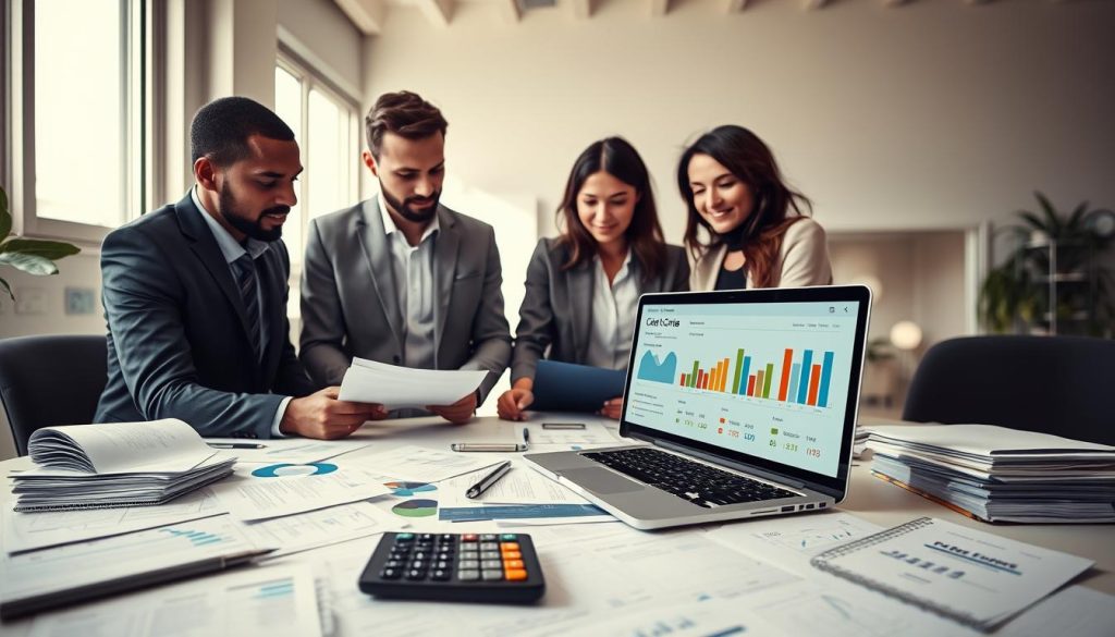 A professional workspace depicting a detailed credit report analysis. In the foreground, a diverse group of three individuals in business attire (two men and one woman) are examining paperwork with focused expressions. In the middle, a modern desk is cluttered with financial documents, a calculator, and a laptop displaying a graphical representation of credit scores and debt ratios. The background features a large window with natural light streaming in, creating a bright and positive atmosphere. Subtle charts and graphs hint at financial data without showing any text. The mood is serious yet hopeful, reflecting preparation and diligence in personal finance management. The scene is captured with a wide-angle lens to emphasize the workspace. A professional workspace depicting a detailed credit report analysis. In the foreground, a diverse group of three individuals in business attire (two men and one woman) are examining paperwork with focused expressions. In the middle, a modern desk is cluttered with financial documents, a calculator, and a laptop displaying a graphical representation of credit scores and debt ratios. The background features a large window with natural light streaming in, creating a bright and positive atmosphere. Subtle charts and graphs hint at financial data without showing any text. The mood is serious yet hopeful, reflecting preparation and diligence in personal finance management. The scene is captured with a wide-angle lens to emphasize the workspace.
