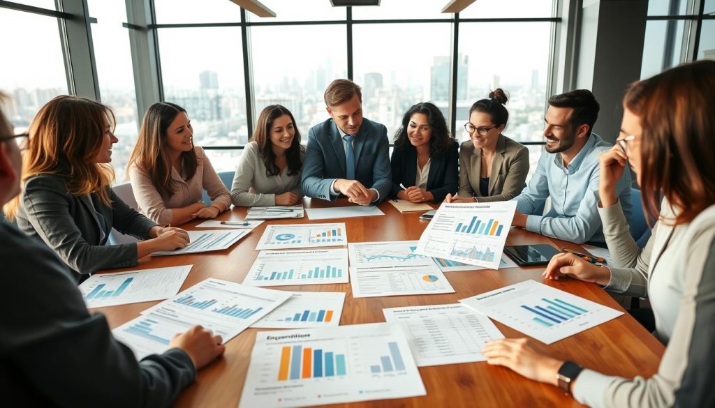 A professional workspace featuring a diverse group of individuals engaged in a lively discussion around a large conference table, surrounded by documents displaying various data points. In the foreground, there are charts and graphs illustrating inconsistencies in employment history, job titles, and personal details like addresses and contact information. The middle layer includes individuals looking thoughtfully at the papers, with one person pointing to a specific chart, indicating analysis of data discrepancies. The background shows a modern office setting with large windows, allowing natural light to fill the room, and a cityscape visible outside. The atmosphere is focused and collaborative, highlighting the importance of data consistency in financial assessments.
