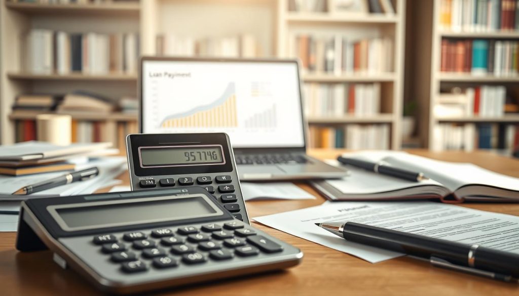 A professional workspace illustrating the concept of early loan repayment calculation. In the foreground, there's a sleek modern calculator displaying numbers indicating a financial formula, surrounded by neatly arranged documents and a pen. The middle ground features a partially open laptop with a graph visualizing loan amortization trends. In the background, soft-focus shelves filled with books on finance, emphasizing a scholarly atmosphere. The overall lighting is bright and organized, with a natural light source casting gentle shadows, creating a sense of clarity and focus. The mood is analytical and professional, conveying an environment conducive to financial decision-making. The scene should be devoid of any text or watermarks, purely an image that invites contemplation on financial calculations. A professional workspace illustrating the concept of early loan repayment calculation. In the foreground, there's a sleek modern calculator displaying numbers indicating a financial formula, surrounded by neatly arranged documents and a pen. The middle ground features a partially open laptop with a graph visualizing loan amortization trends. In the background, soft-focus shelves filled with books on finance, emphasizing a scholarly atmosphere. The overall lighting is bright and organized, with a natural light source casting gentle shadows, creating a sense of clarity and focus. The mood is analytical and professional, conveying an environment conducive to financial decision-making. The scene should be devoid of any text or watermarks, purely an image that invites contemplation on financial calculations.