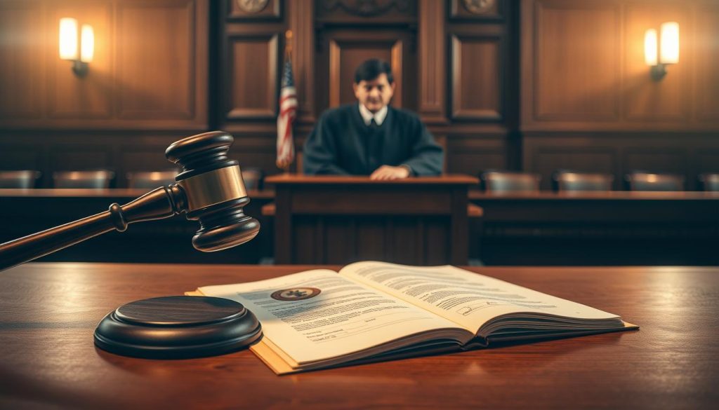 A realistic courtroom scene depicting a judge's gavel striking down on a wooden bench, symbolizing the authority of a法院命令 (court order). In the foreground, an open legal document featuring a seal and signatures is placed on the bench, with a soft spotlight illuminating it. The middle ground includes a judge in a black robe, looking stern, emphasizing the importance of legal proceedings. The background shows a traditional courtroom setting with wood paneling and rows of empty seats. The lighting is warm, creating an atmosphere of seriousness and gravitas, with shadows adding depth. The composition captures the essence of law and order, focusing on the decisive moment of a court ruling. A realistic courtroom scene depicting a judge's gavel striking down on a wooden bench, symbolizing the authority of a法院命令 (court order). In the foreground, an open legal document featuring a seal and signatures is placed on the bench, with a soft spotlight illuminating it. The middle ground includes a judge in a black robe, looking stern, emphasizing the importance of legal proceedings. The background shows a traditional courtroom setting with wood paneling and rows of empty seats. The lighting is warm, creating an atmosphere of seriousness and gravitas, with shadows adding depth. The composition captures the essence of law and order, focusing on the decisive moment of a court ruling.