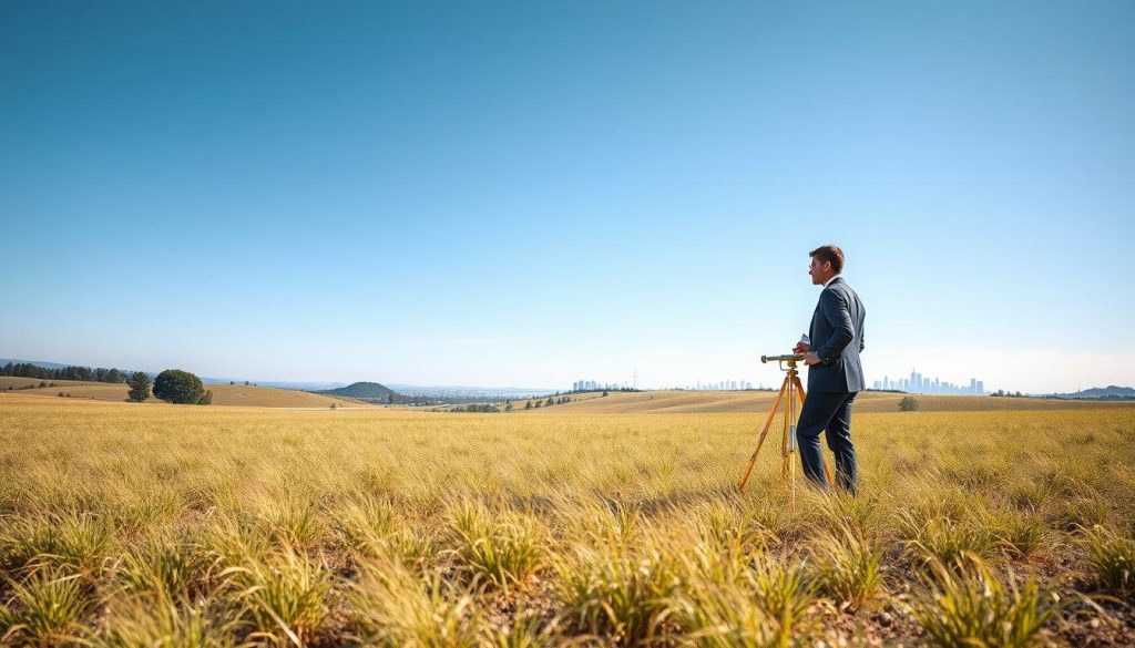 A realistic scene showcasing a vast, empty plot of land under a clear blue sky, with a gentle breeze causing grass to sway lightly. In the foreground, a business professional in business attire examines the land, holding surveying tools and looking thoughtful. The middle ground features rolling hills and distant trees, suggesting a rural location. The background includes a subtle city skyline on the horizon, blending into the landscape. The lighting is bright and natural, casting soft shadows and highlighting the contours of the terrain. The overall mood reflects contemplation and analysis, emphasizing the challenges of land valuation without structures.