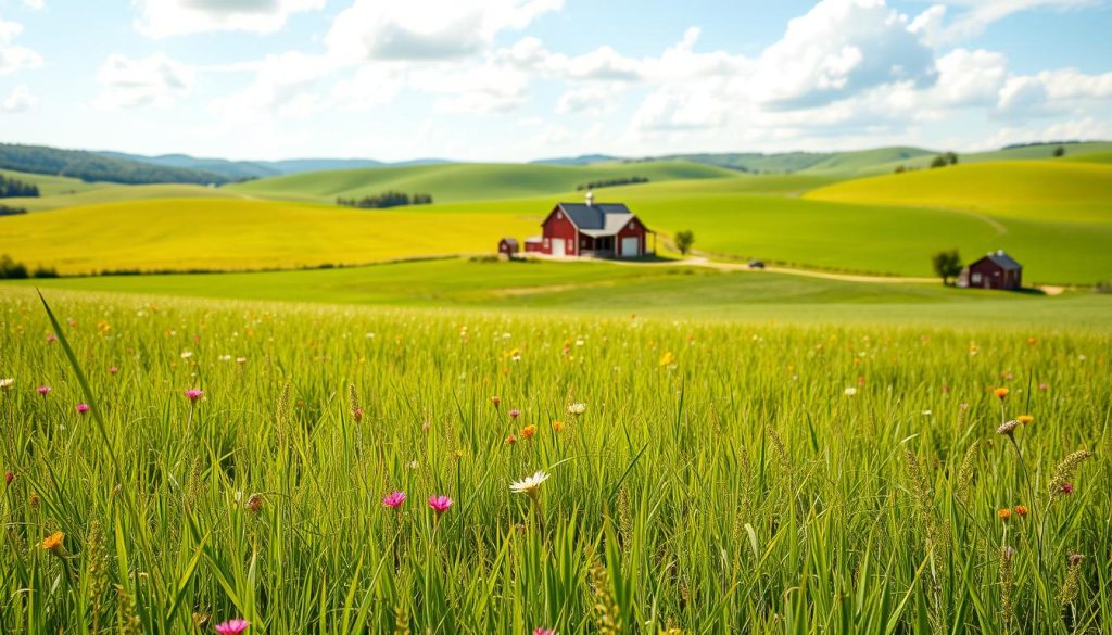 A scenic landscape showcasing the value of land, featuring a lush, expansive field of green grass in the foreground, dotted with vibrant wildflowers. In the middle ground, a modern farmhouse with a red barn highlights the thriving agricultural potential of the land. The background reveals rolling hills that stretch towards a bright blue sky with fluffy white clouds. Soft, natural sunlight bathes the scene, creating a warm and inviting atmosphere. The image captures a sense of stability and prosperity, emphasizing the crucial relationship between land and financial opportunity. The composition is balanced, with a slight depth of field effect to draw focus towards the farmhouse while retaining a clear view of the fertile landscape.