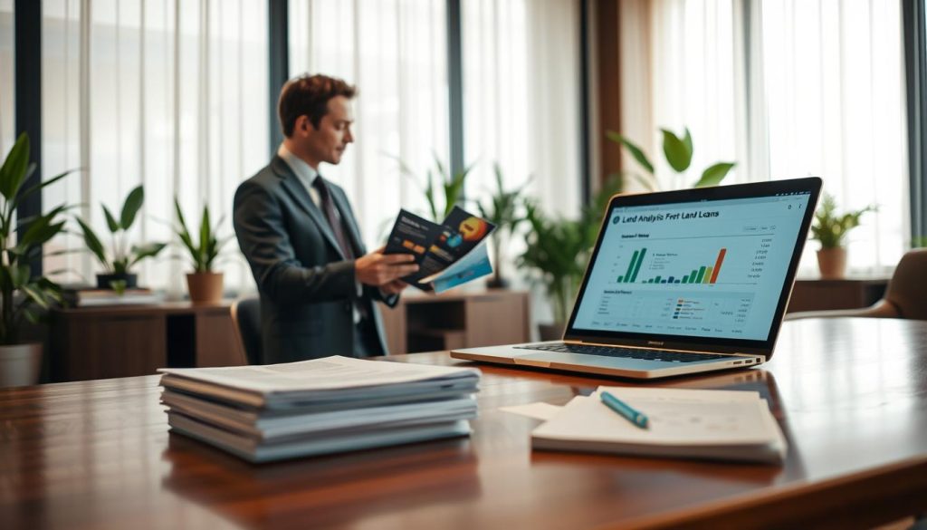 A serene and inviting office setting depicting "土地貸款," featuring a polished wooden desk in the foreground with neatly stacked documents and a laptop open, displaying a financial analysis for land loans. In the middle ground, a professional individual dressed in a smart business suit is engaged in a discussion with a client, both focused intently on a colorful brochure about land financing options. The background shows a large window with soft natural light illuminating the room, creating a warm and inviting atmosphere. Potted plants add a touch of greenery, enhancing the tranquil and professional mood of the scene. The camera angle is slightly elevated, capturing both the individuals and the document details, ensuring clarity and emphasis on the subject.